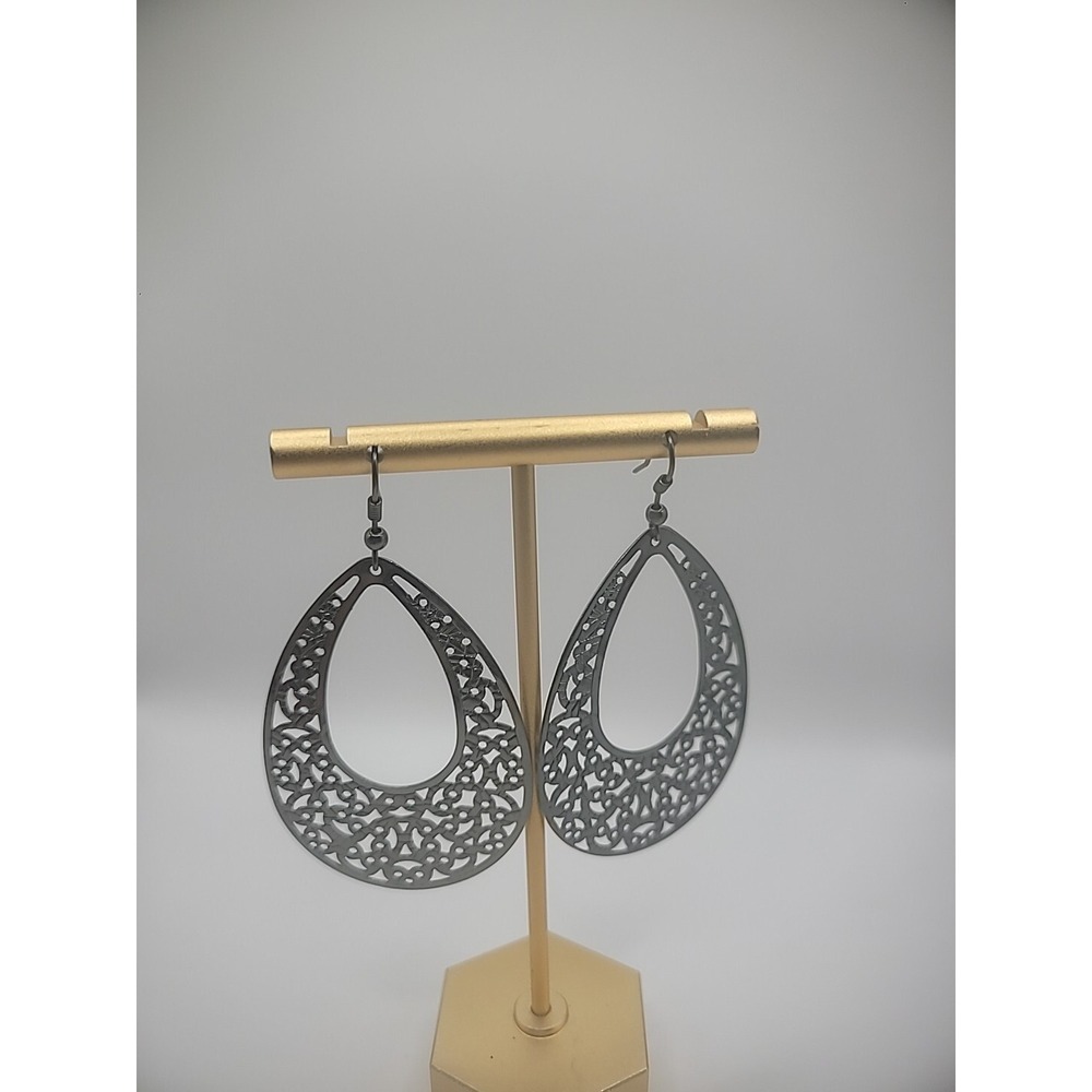Gun Metal Drop Dangle Hoop Earrings Pierced Hook Ornate Womens Jewelry Costume